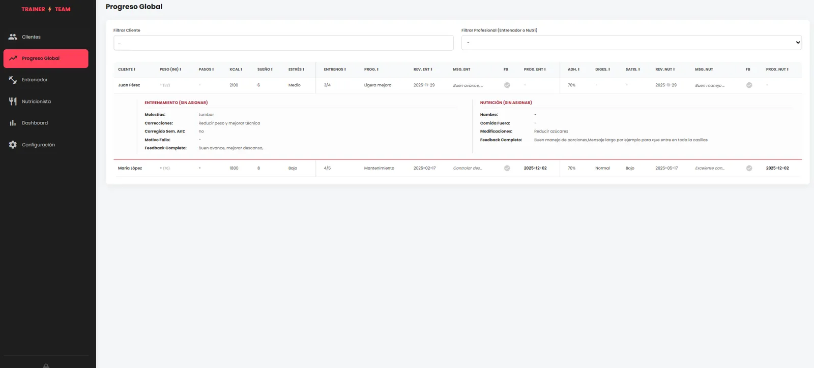 App Integral para Entrenadores: pantalla 4